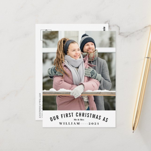 Postal Nuestra Primera Navidad, Sr. Y Sra. Boda Foto (Anverso/Reverso In Situ)