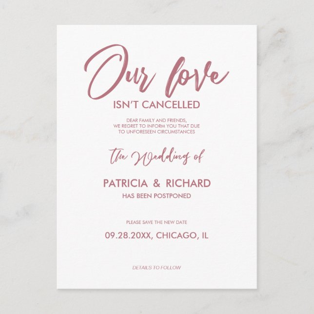 Postal Nuestro amor no se cancela la postergación de Boda (Anverso)