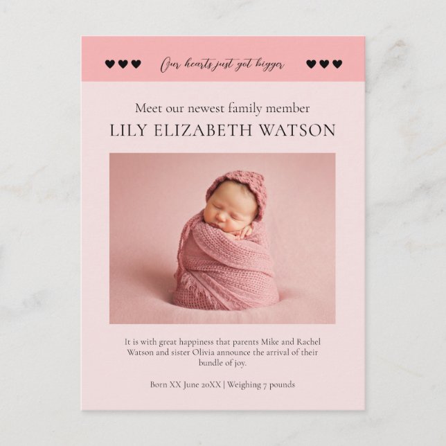 Postal Nuestros corazones crecieron, anuncio de nacimient (Anverso)