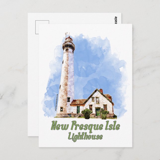 Postal Nueva acuarela del faro de la Isla Presque - Michi (Anverso / Reverso)