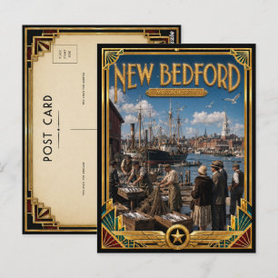 Postal Nueva Bedford Massachusetts Arte Deco Dorado Vinta