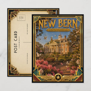 Postal Nueva Bern Carolina del Norte Arte Deco Dorado Vin