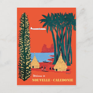 Postal Nueva Caledonia, pueblo junto a la costa, vintage