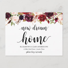 Postal Nueva casa de ensueño, floral burgundy, Anuncio