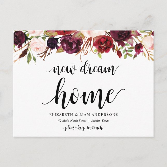 Postal Nueva casa de ensueño, floral burgundy, Anuncio (Anverso)