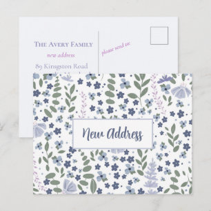 Postal Nueva dirección acuarela floral azul y lavanda