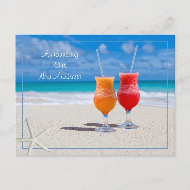 Postal Nueva dirección Cócteles de vida en la playa en la (Anverso)
