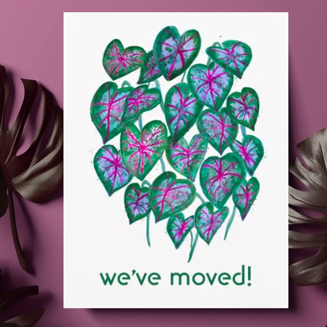 Postal NUEVA DIRECCIÓN DE CASA Caladium deja Moda acuarel (Caladium watercolor leaves on this customizable address change postcard.)