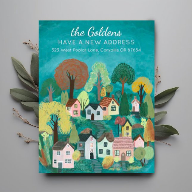 Postal Nueva dirección de casa Mudanza Lindo Arte de pueb (Moving announcement address change custom postcard with cute charming village illustration. )