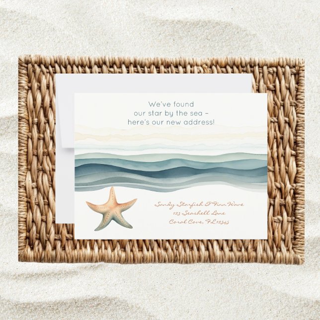 Postal Nueva dirección elegante (New address postcard with watercolor coastal sea star design – personalize with your details)