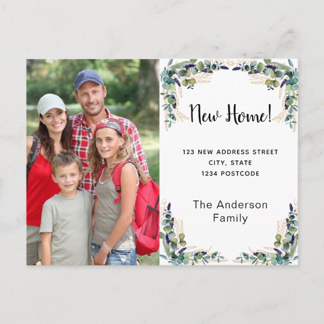 Postal Nueva dirección en casa foto de eucalipto (Anverso)