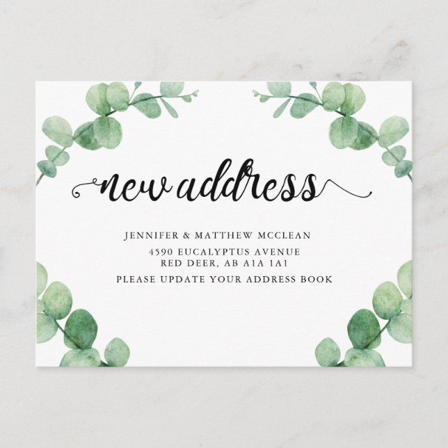 Postal Nueva dirección Eucalyptus Leaf Calligrafía Botáni (Anverso)