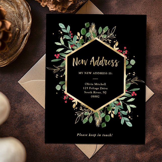 Postal Nueva dirección | Navidades Gilded Greenery Black (Gilded greenery on black holiday change of address postcard)