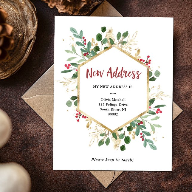 Postal Nueva dirección | Navidades Gilded Greenery White (Gilded greenery on white Christmas change of address postcard)