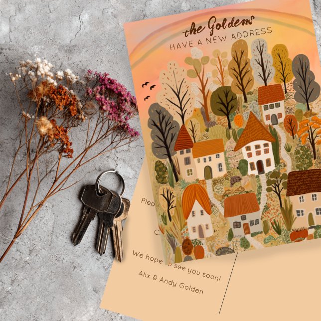 Postal Nueva dirección residencial Moving Autumn Country  (New Home Address Moving Autumn Country Village Art Postcard
)