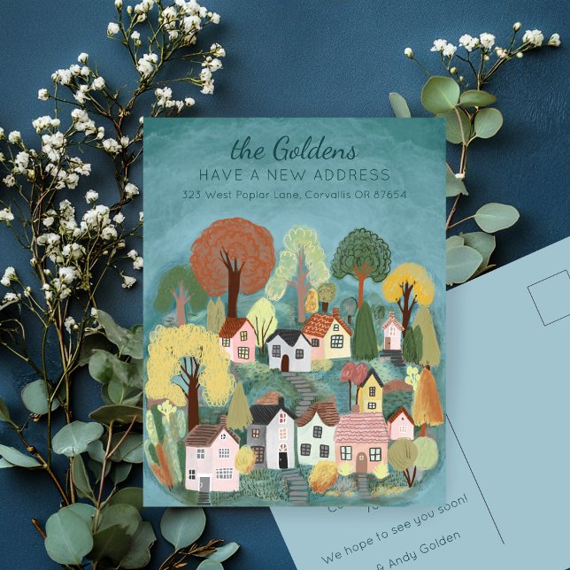 Postal Nueva dirección residencial Moving Cute Country Vi (New Home Address Moving Cute Country Village Art Postcard
)
