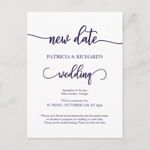 Postal Nueva Fecha Pospuesta Boda Script Azul Marino