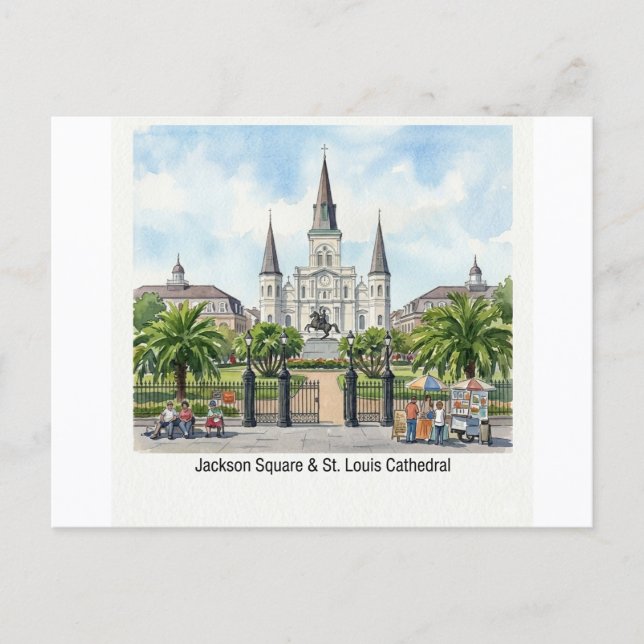 Postal Nueva Orleans Acuarela - Plaza Jackson Catedral de (Anverso)