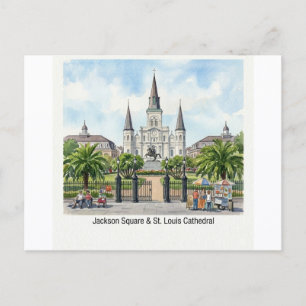 Postal Nueva Orleans Acuarela - Plaza Jackson Catedral de