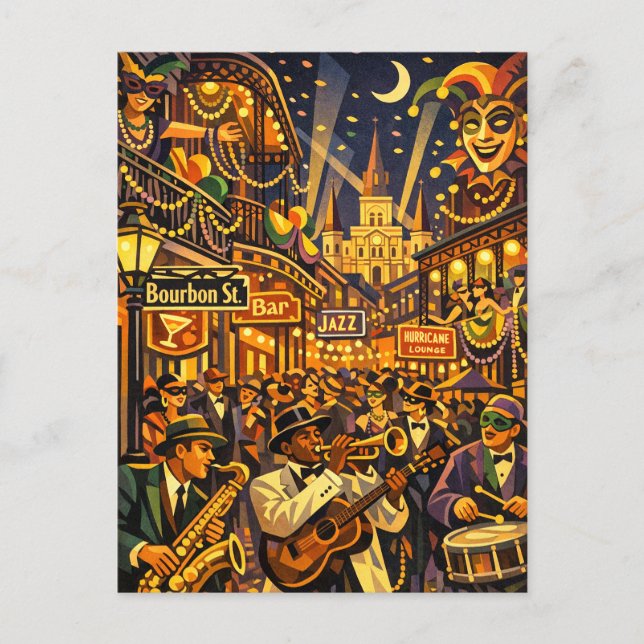 Postal Nueva Orleans en Mardi Gras estilo retro Art Deco (Anverso)