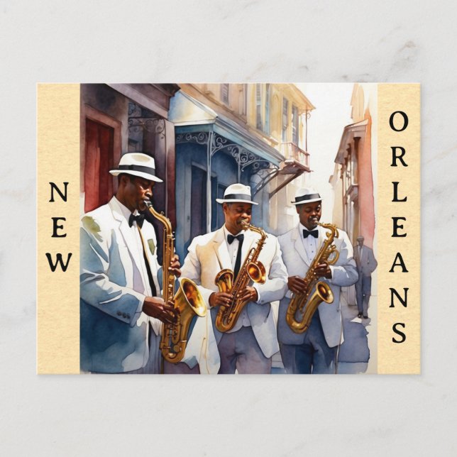 Postal Nueva Orleans Louisiana Jazz Viajes acuarela (Anverso)