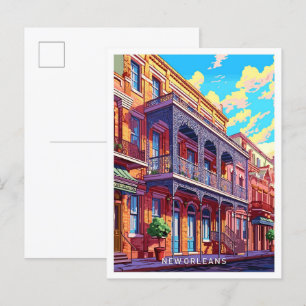 Postal Nueva Orleans Louisiana Viaje Ilustracion Vintage