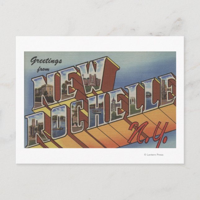 Postal Nueva Rochelle, Nueva York - Escenas de letras gra (Anverso)