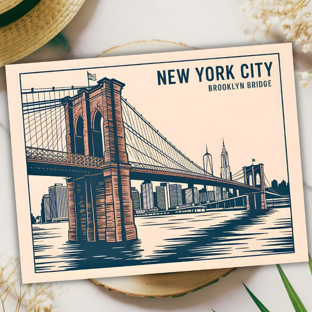 Postal Nueva York Brooklyn Bridge Skyline Bold Retro Trav (New York Brooklyn Bridge Skyline Bold Retro Travel Postcard)