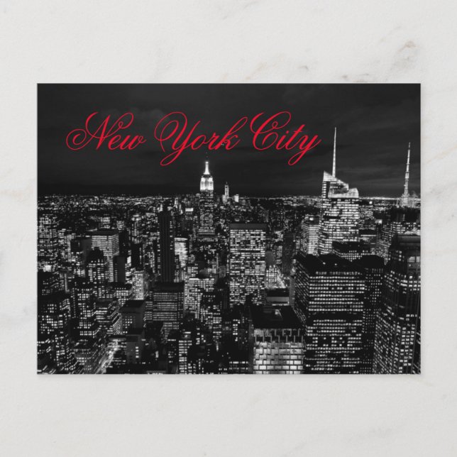 Postal Nueva York City Nocturna Black & White Red Script (Anverso)