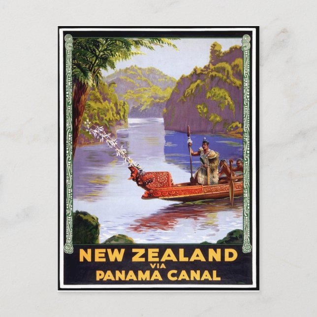 Postal Nueva Zelanda vía canal de Panamá, gente en barco (Anverso)