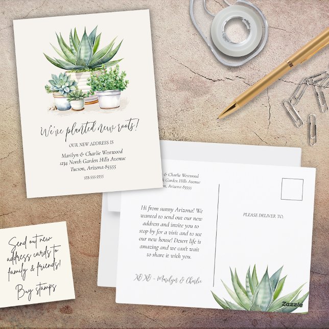 Postal Nuevas Raíces Suculentas Plantadas Nos Mudamos Nue (simple minimalist succulent potted plants theme we planted new roots change of address postcards)