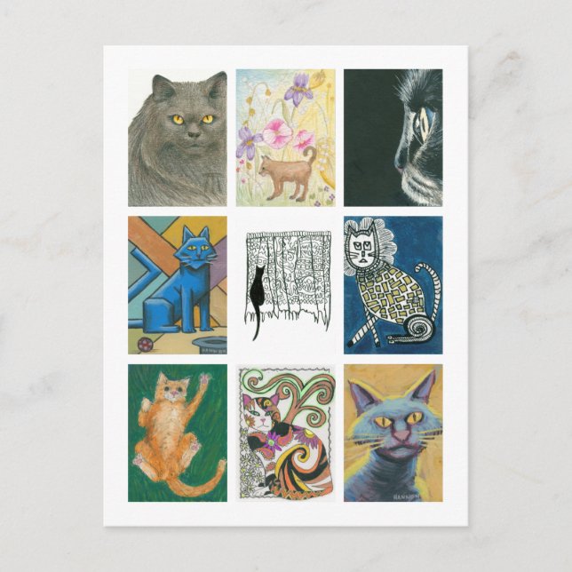 Postal Nueve gatos Ilustracion de varios artistas (Anverso)
