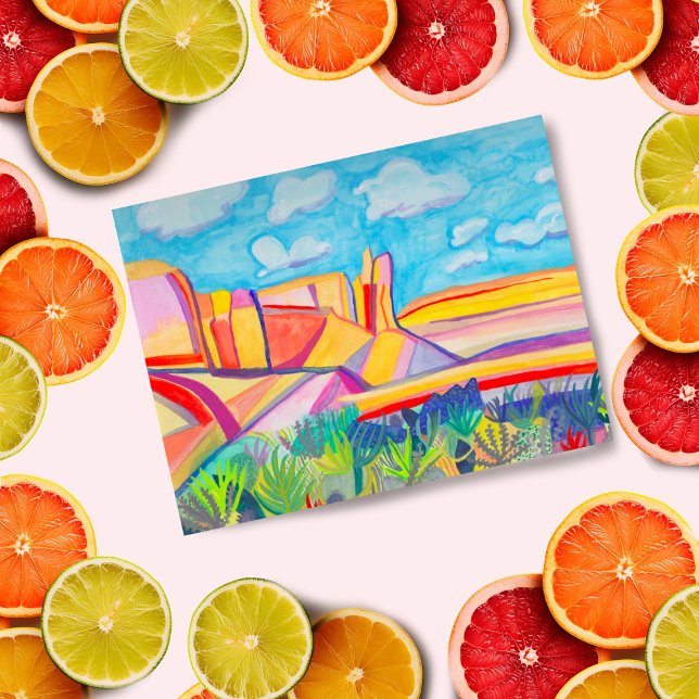 Postal Nuevo arte paisajístico de la cocina de México (Fun watercolor painting of Kitchen Mesa in New Mexico bright and colorful)