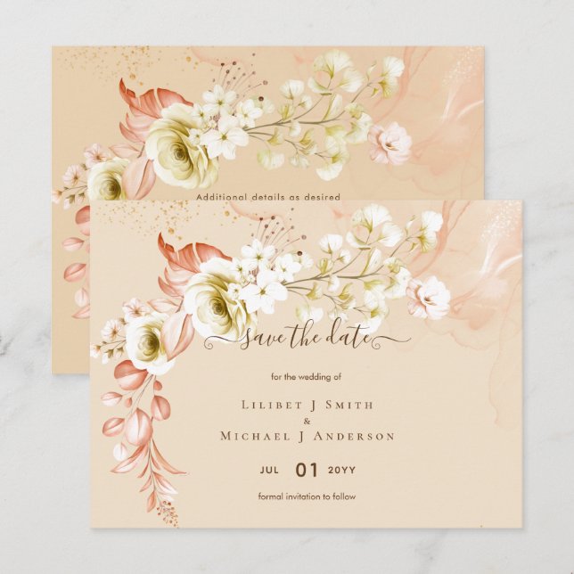 Postal ¡NUEVO! Boda Floral Boho Save Fates (Anverso / Reverso)