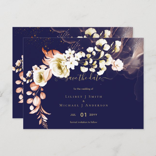 Postal ¡NUEVO! Boda Floral Boho Save Fates (Anverso / Reverso)