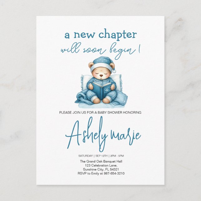 Postal Nuevo capítulo Teddy azul niño ducha de bebé Bear (Anverso)