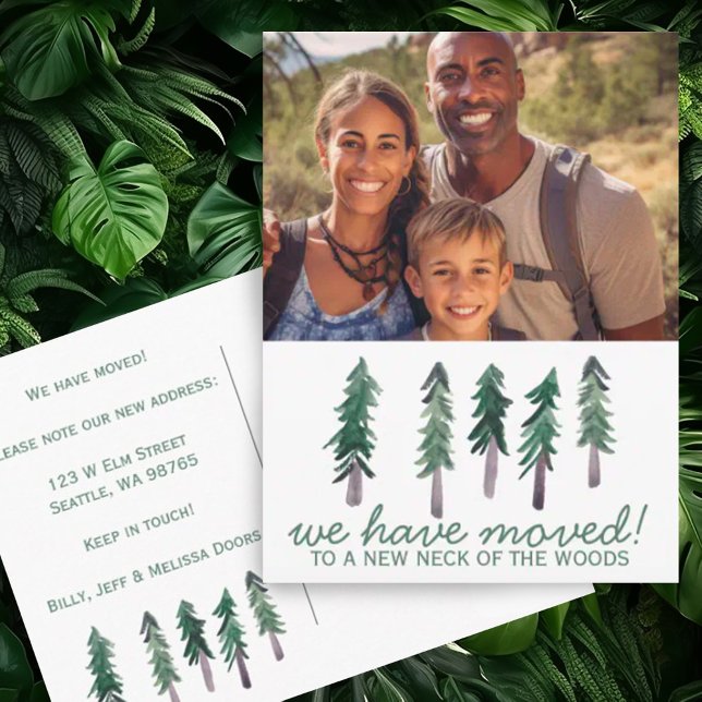 Postal NUEVO CUELLO DE BOSQUES Foto personalizada Árboles (Custom moving announcement postcard - add your own photo.  We have moved to a new neck of the woods)