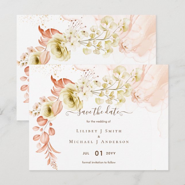 Postal ¡NUEVO! Fechas de Boda Floral Boho Guardar (Anverso / Reverso)
