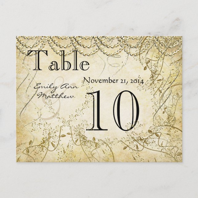 Postal Número de Mesa de Boda con Remolino de Oro Elegant (Anverso)