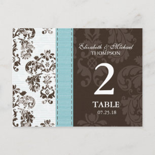 Postal Número de mesa de boda de damasco azul y marrón