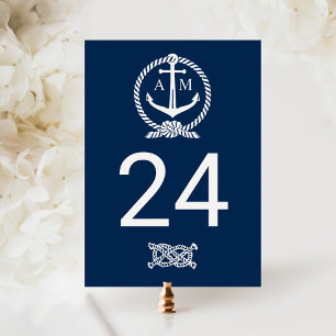 Postal Número de mesa de boda monograma azul marino náuti
