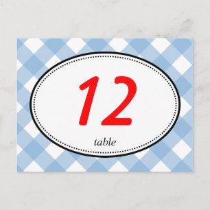 Postal Número de mesa de boda rústico de gingham azul