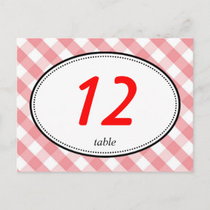Postal Número de mesa de boda rústico de gingham rosa