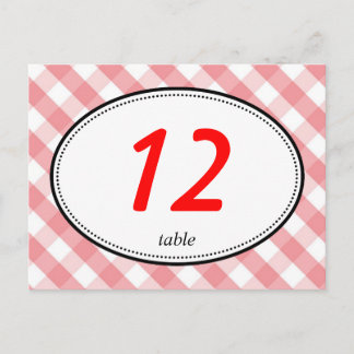 Postal Número de mesa de boda rústico de gingham rosa