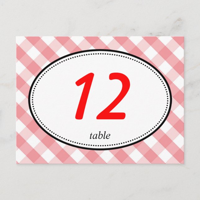 Postal Número de mesa de boda rústico de gingham rosa (Anverso)
