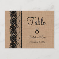 Número de mesa de encaje negro y arpillera