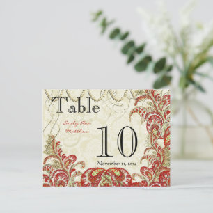 Postal Número de Mesa Gatsby Paisley Pavo Real Rojo y Dor