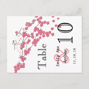 Postal Número de mesa Pájaro de Amor Rosa Flor de Cerezo