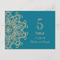 NÚMERO DE TABLA AQUAMARINE AZUL ORO INDIO BODA