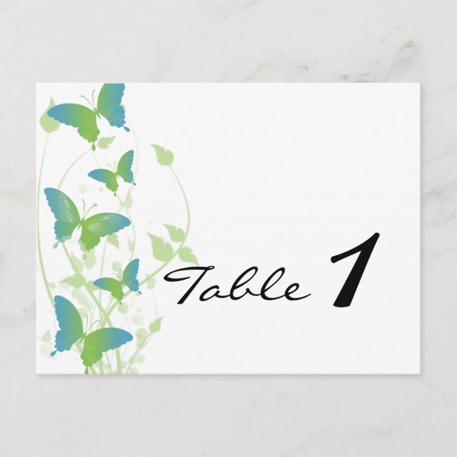 Postal Número de tabla de Boda de la mariposa azul y verd (Anverso)